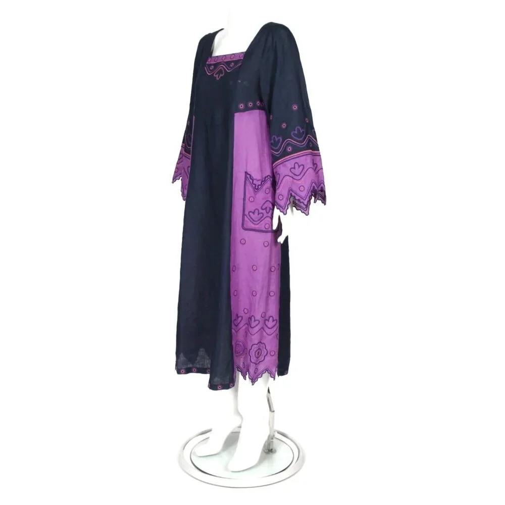 ETNODIM Embroidered Angel Sleeve Linen Navy Blue Violet Purple Maxi Dress XS 742 - Picture 3 of 7